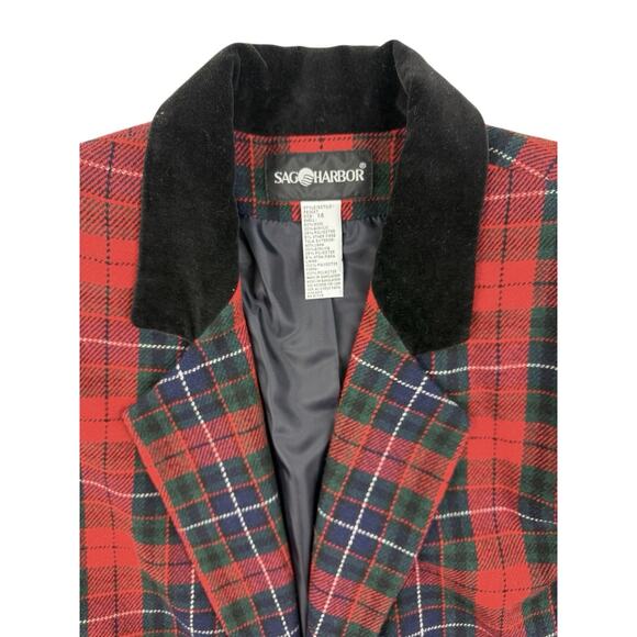 Vtg Sag Harbor Red Tartan Plaid Blazer Wool Blend Jacket Velvet Collar Womens 14 - Picture 4 of 10